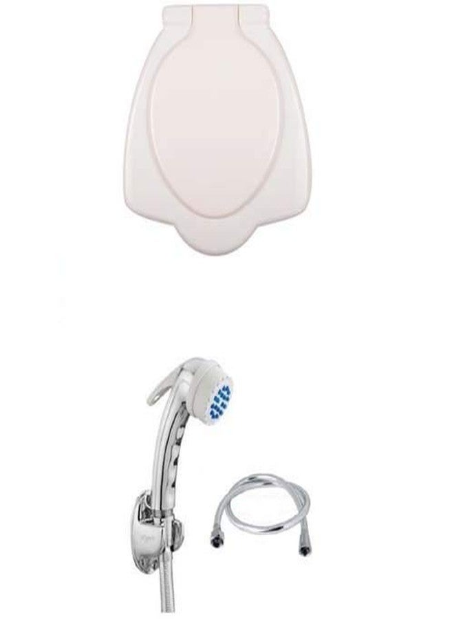 SHRUTI Pvc Anglo Indian Heavy Duty Toilet Commode Seat Cover- Ivory + Free SHRUTI Health Faucet ABS with Rubbit Cleaning System, With 1 Meter long Full Cp Pvc Flexible Tube and ABS Wall Hook (Chrome) - (2261Ivory,1175,1165) - Image 1